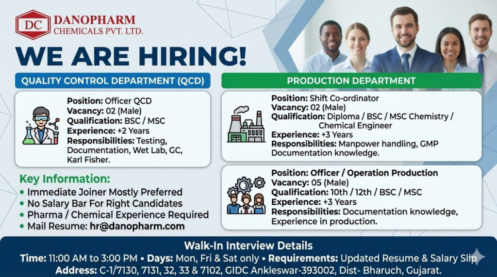 Danopharm Chemicals Pvt. Ltd. is conducting a walk-in interview for Officer positions in Quality Control and Production departments at its Ankleshwar facility.