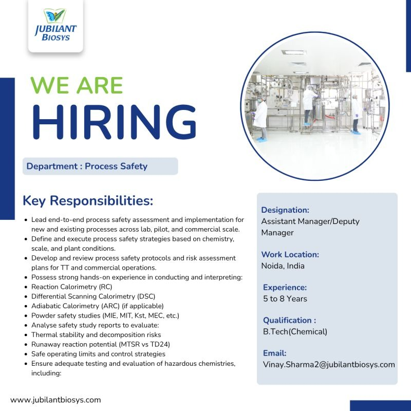 Jubilant Biosys is hiring for Assistant Manager / Deputy Manager – Process Safety in Noida.