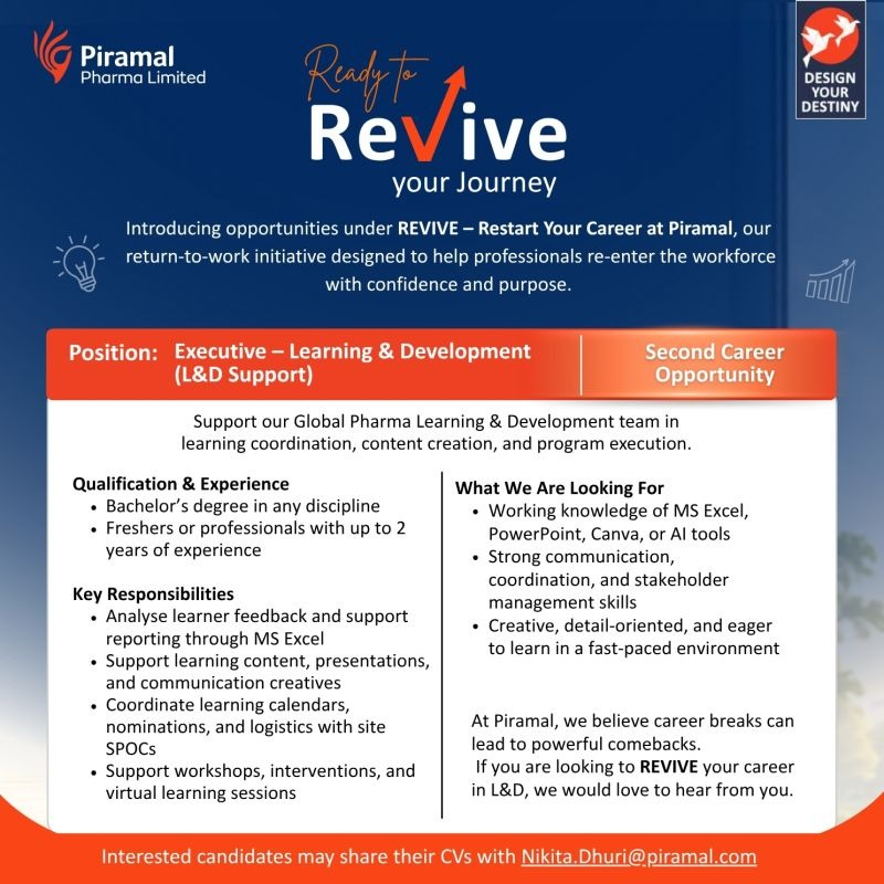 Piramal Pharma is inviting applications for Executive - Learning & Development (L&D Support) under its REVIVE return-to-work program