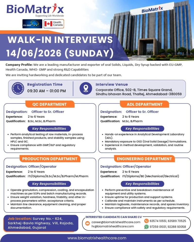 BioMatrix Healthcare is conducting a walk-in interview on 14th June 2026 for multiple pharma jobs in Quality Control, Production, Analytical Development Lab (ADL), and Engineering at its Ahmedabad facility.