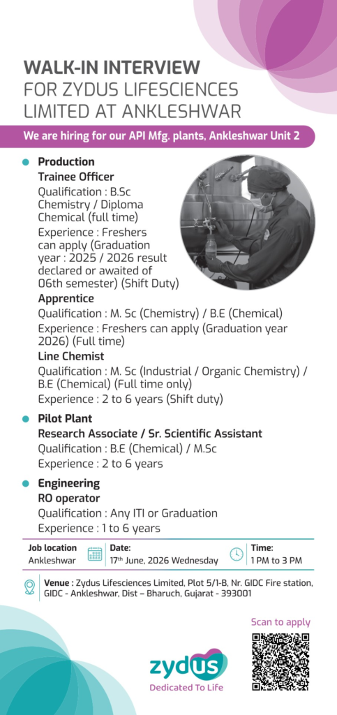 Zydus Lifesciences Walk-in Interview Ankleshwar on 17th June 2026