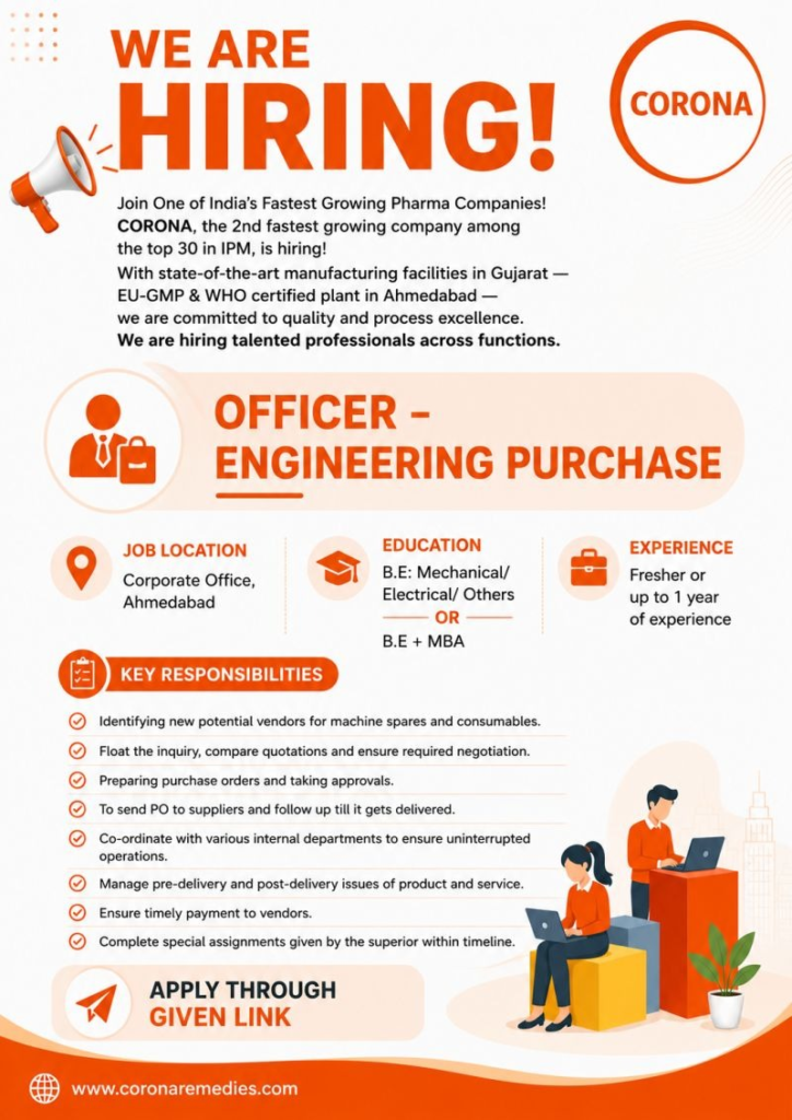 Corona Remedies is hiring for Officer - Engineering Purchase at its Corporate Office in Ahmedabad.