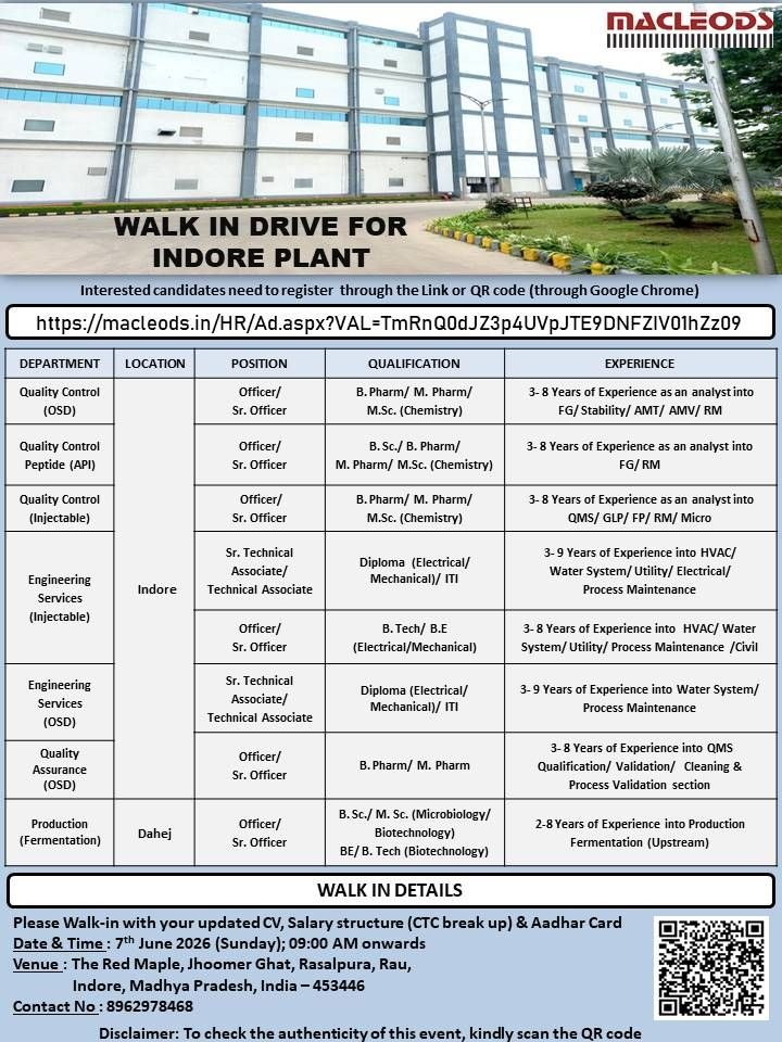 Macleods Pharmaceuticals is conducting a walk-in interview on 7th June 2026 in Indore for QC jobs, QA jobs, Production, and Engineering roles.
