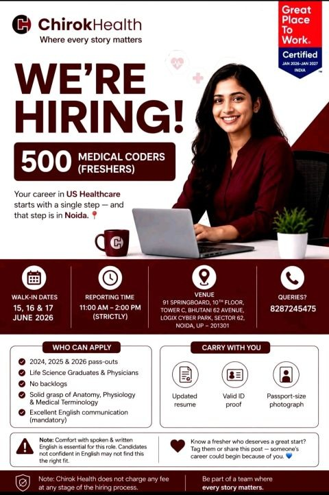 ChirokHealth is hiring 500 Medical Coders (Freshers) through a walk-in drive on 15th, 16th & 17th June 2026 in Noida.