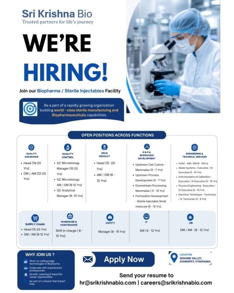 Sri Krishna Bio is hiring for several senior leadership and technical roles in Quality Assurance, Quality Control, Drug Product, R&D, Engineering, Supply Chain, and more at its Genome Valley facility in Hyderabad.