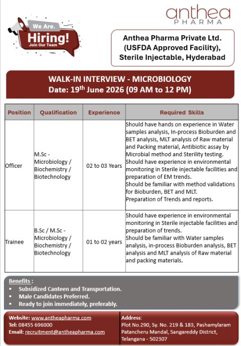 Anthea Pharma is conducting a walk-in interview on 19th June 2026 for Microbiology Officer and Trainee positions in its Quality Control department. 