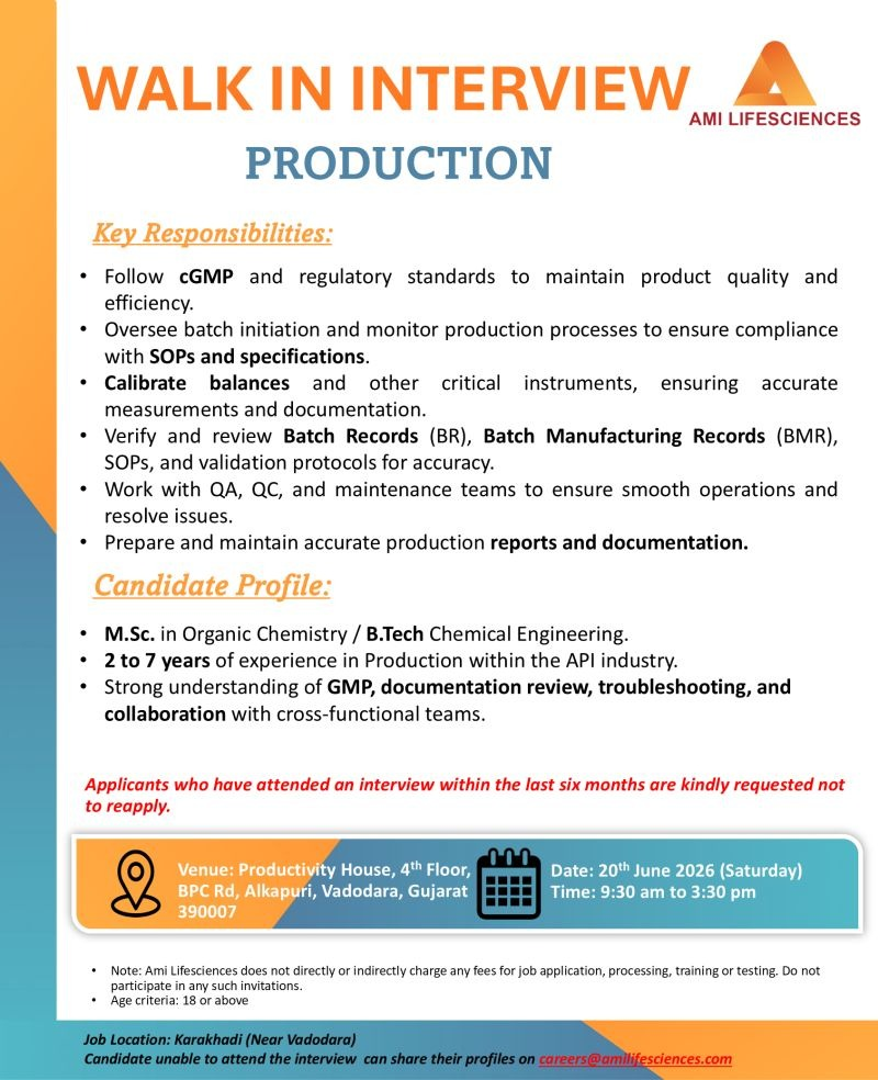 Join AMI Lifesciences for exciting production jobs in the API sector. This walk-in interview offers qualified professionals a chance to build a rewarding pharmaceutical career in India with a leading API manufacturer.