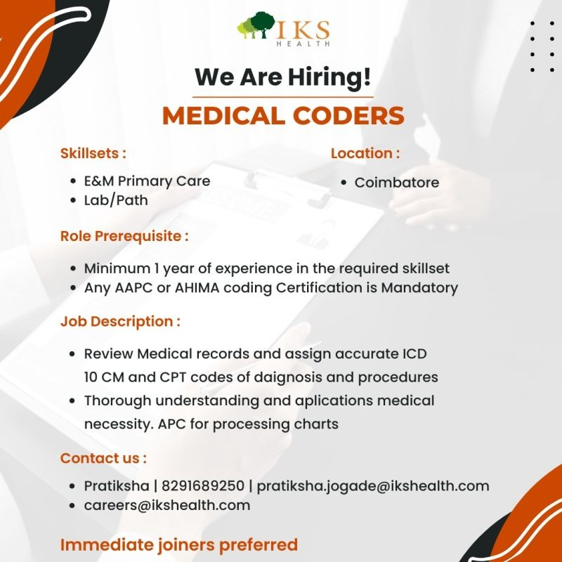 Looking for medical coding jobs in India? IKS Health is hiring experienced Medical Coders in Coimbatore.