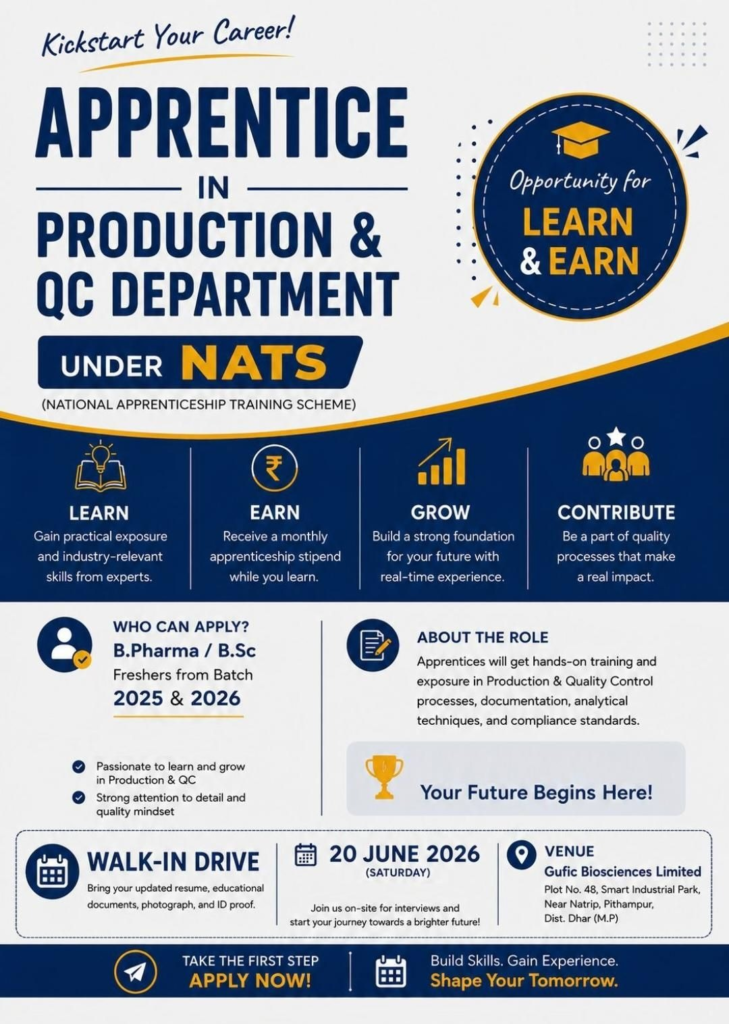 Looking for pharma jobs, walk-in interviews, QC jobs, or production jobs in India? Gufic Biosciences is hiring freshers for apprentice roles under NATS in Production and Quality Control.