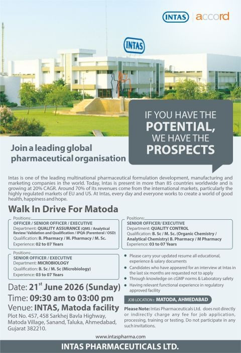 Intas Pharmaceuticals is conducting a walk-in drive on 21 June 2026 for experienced professionals in Quality Assurance, Quality Control, and Microbiology at its Matoda facility in Ahmedabad. 