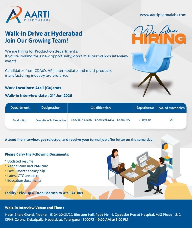 Aarti Pharmalabs is conducting a walk-in interview on 21 June 2026 for Production Executive and Senior Executive roles in Hyderabad.
