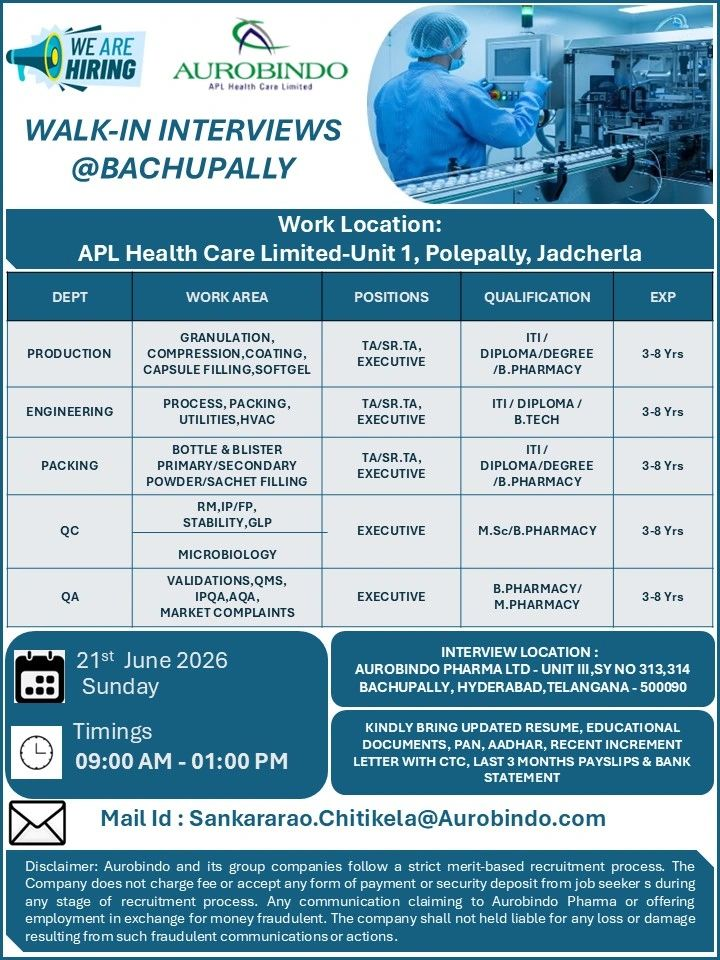 Aurobindo Pharma Walk-in Interview Hyderabad 2026 – Production, QC, QA, Engineering & Packing Jobs