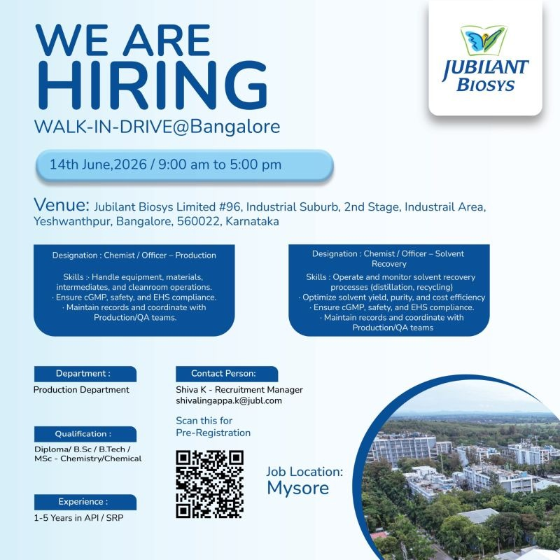 Jubilant Biosys is conducting a walk-in interview on 14th June 2026 in Bangalore for Chemist / Officer positions in Production and Solvent Recovery.