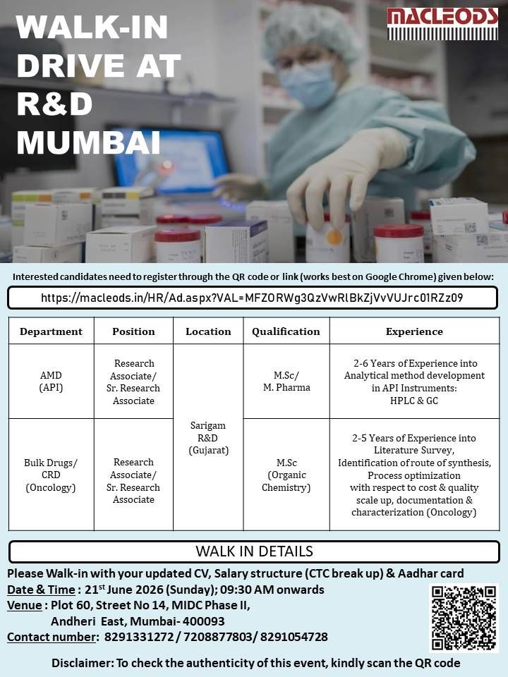 Macleods Pharmaceuticals is conducting a walk-in drive on 21st June 2026 in Mumbai for Research Associate and Senior Research Associate positions in AMD (API) and Bulk Drugs/CRD (Oncology).