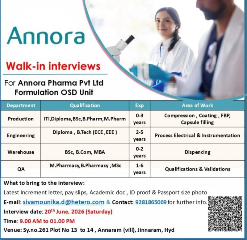 Annora Pharma is conducting a walk-in interview on 20th June 2026 for multiple positions in Production, Engineering, Warehouse, and QA at its Formulation OSD unit in Hyderabad.