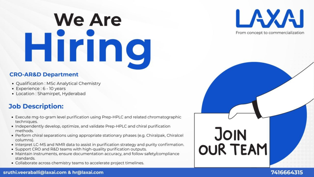 LAXAI Life Sciences is hiring an experienced professional for the CRO-AR&D department in Shamirpet, Hyderabad.