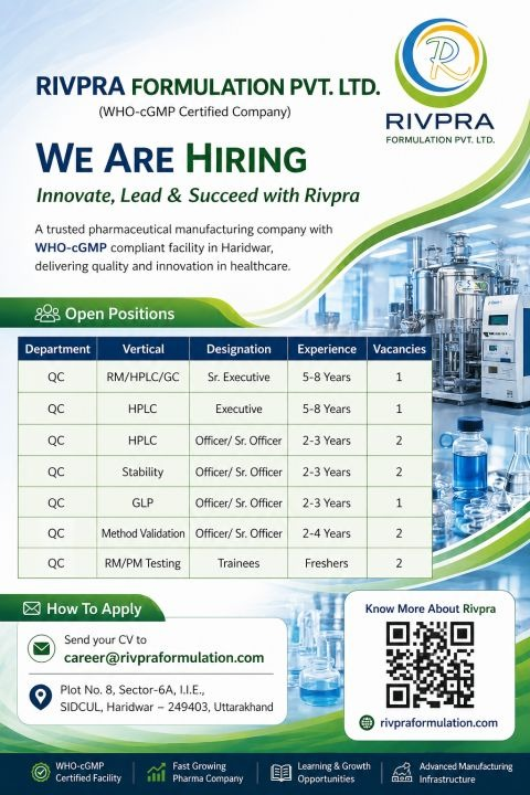 Rivpra Formulation Pvt. Ltd. is hiring for multiple QC positions including Sr. Executive, Executive, Officer/Sr. Officer, and Trainees in Haridwar. 