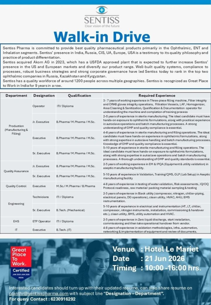 Sentiss Pharma is conducting a major walk-in drive on 21 June 2026 for Production, Quality Assurance, Quality Control, Engineering, EHS, and IT positions. 