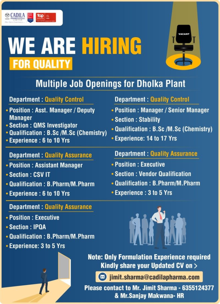 Cadila Pharmaceuticals is hiring experienced professionals for multiple Quality Control and Quality Assurance positions at its Dholka Plant.