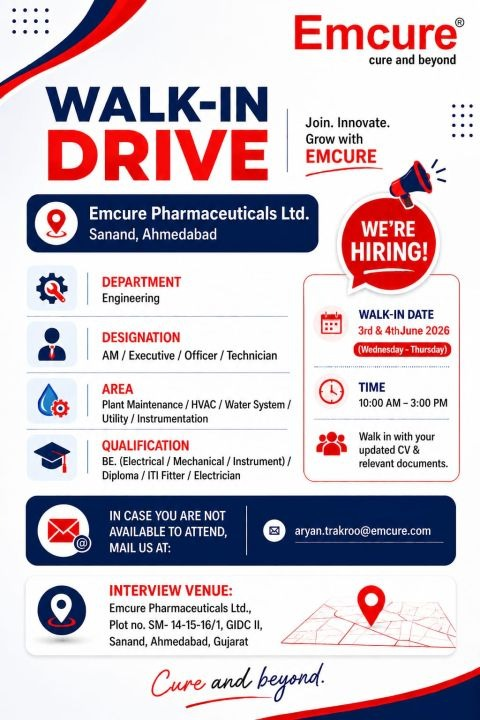 Emcure Pharmaceuticals Walk-in Drive on 3rd & 4th June 2026