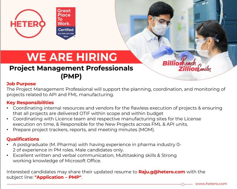 Looking for the latest pharma jobs, QA jobs, QC jobs, or production jobs in India? HETERO is now hiring Project Management Professionals for API and FML manufacturing operations. 