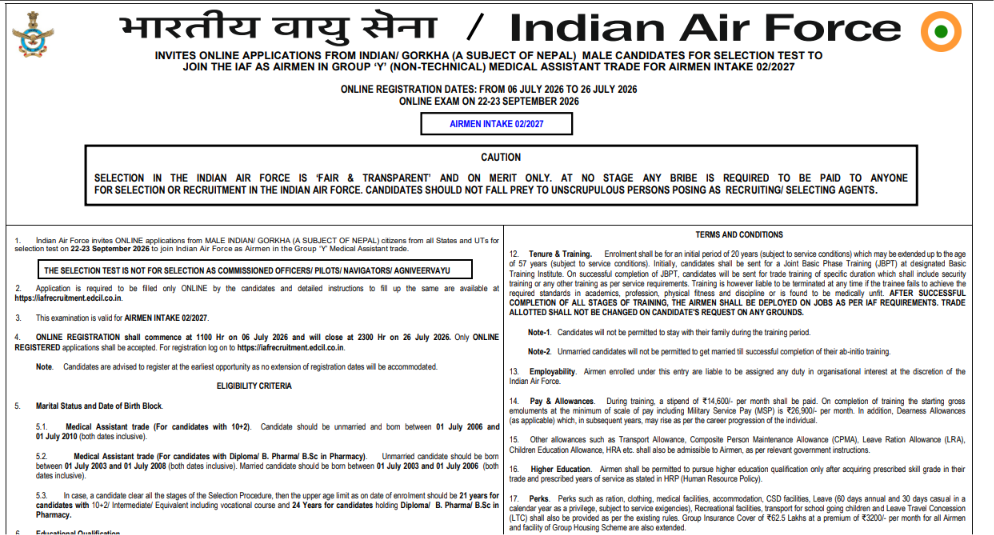 Indian Air Force Pharmacist Recruitment for Freshers 2026