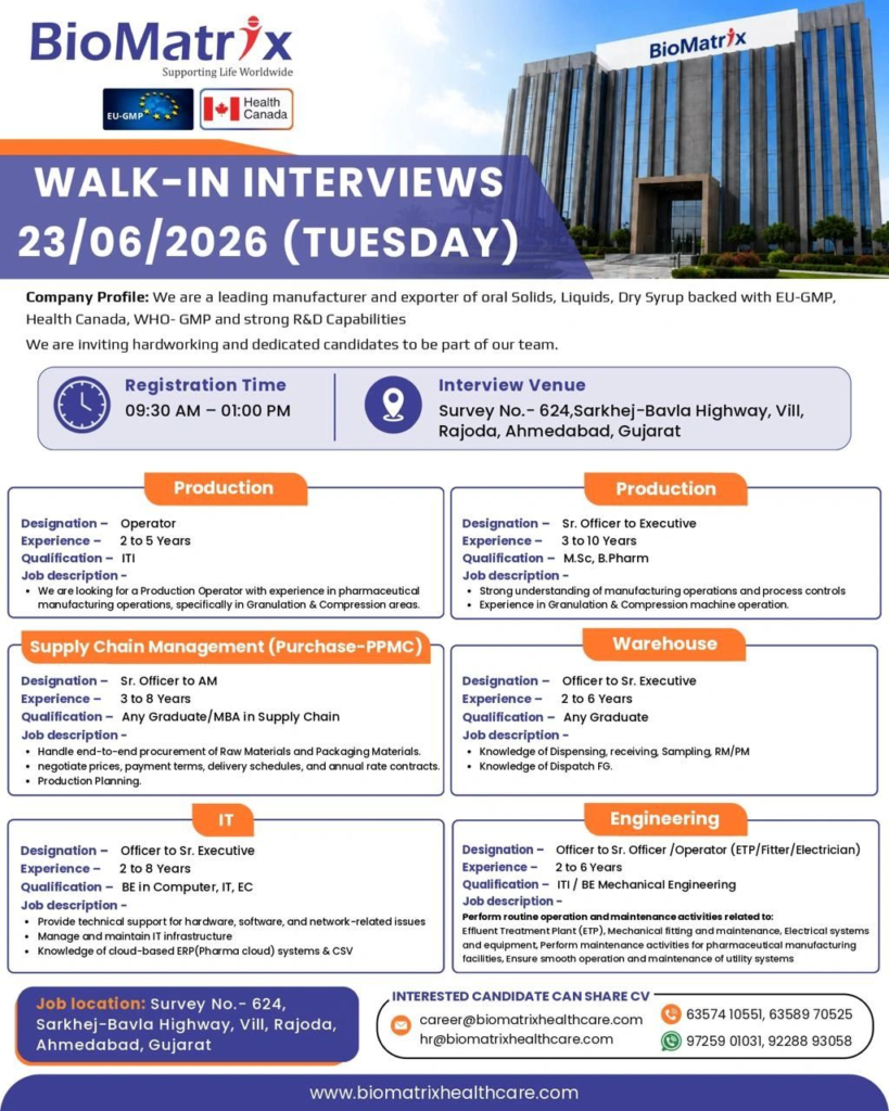 BioMatrix Healthcare is conducting a walk-in interview on 23 June 2026 for multiple pharma jobs in Production, Supply Chain, IT, Warehouse, and Engineering.