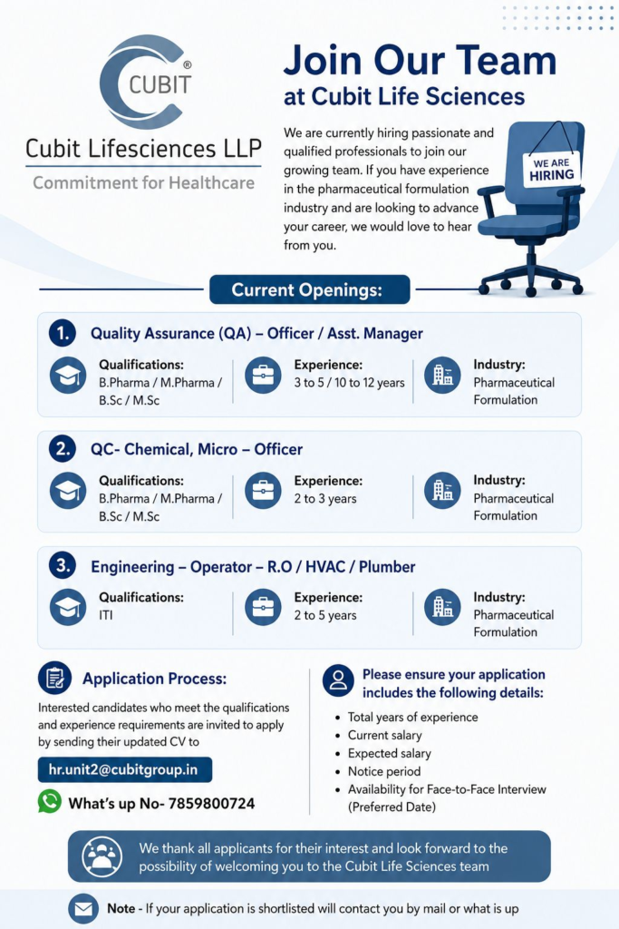 Cubit Lifesciences LLP is hiring for QA jobs, QC jobs, and Engineering roles in pharmaceutical formulation.