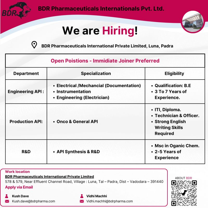 BDR Pharmaceuticals Jobs in Vadodara – API Engineering, Production & R&D Openings
