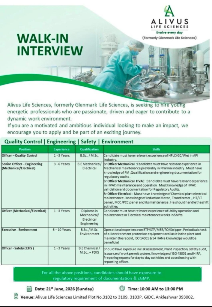Alivus Life Sciences (formerly Glenmark Life Sciences) is conducting a walk-in interview on 21 June 2026 for QC jobs, Engineering, and EHS roles in API manufacturing.