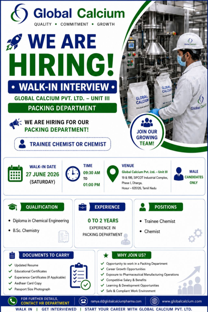 Global Calcium Pvt. Ltd. is conducting a walk-in interview on 27 June 2026 for Trainee Chemist and Chemist positions in the Packing Department.
