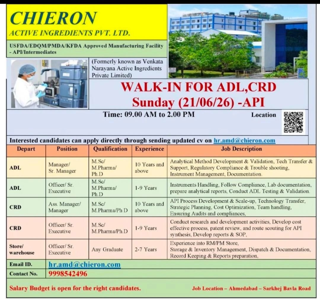 Chieron Active Ingredients Pvt. Ltd. (formerly Venkata Narayana Active Ingredients) is conducting a walk-in interview on 21 June 2026 for ADL, CRD, and Warehouse positions. 