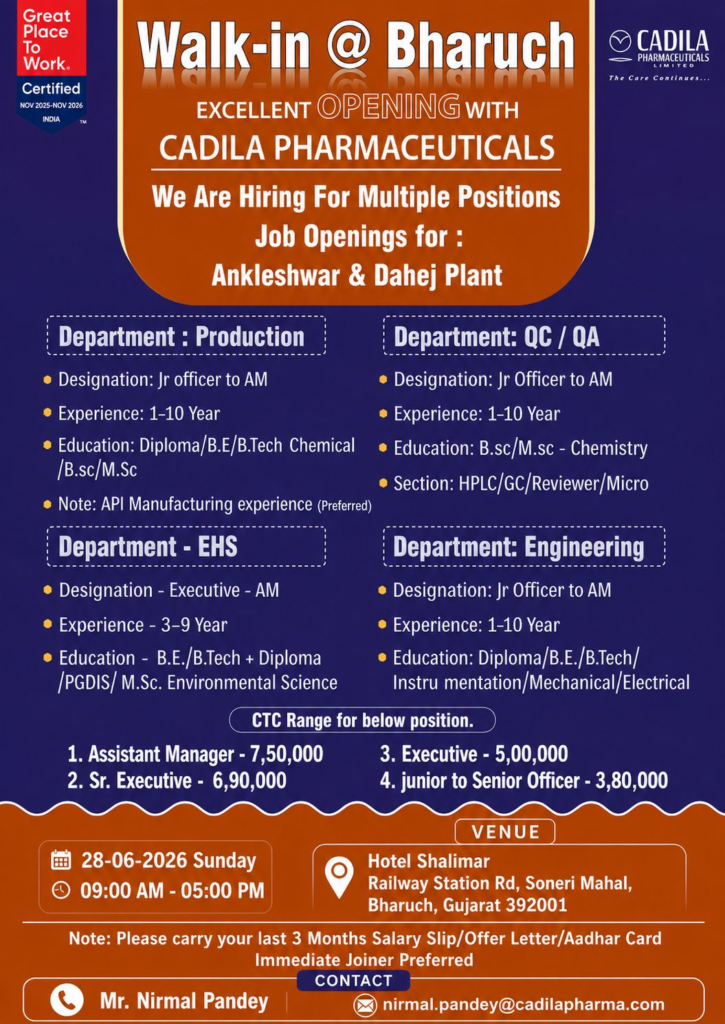 Cadila Pharmaceuticals is conducting a walk-in interview on 28 June 2026 for multiple pharma jobs in Production, EHS, QC/QA, and Engineering at its Ankleshwar & Dahej plants.
