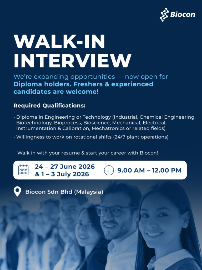 Biocon is conducting a walk-in interview for Diploma holders (freshers & experienced) in engineering and technology fields at its Malaysia facility.