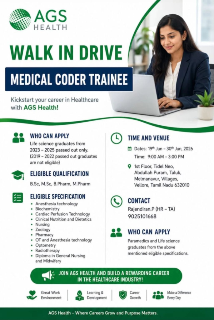 AGS Health is conducting a walk-in drive for Medical Coder Trainee positions from 19th to 30th June 2026 in Vellore.