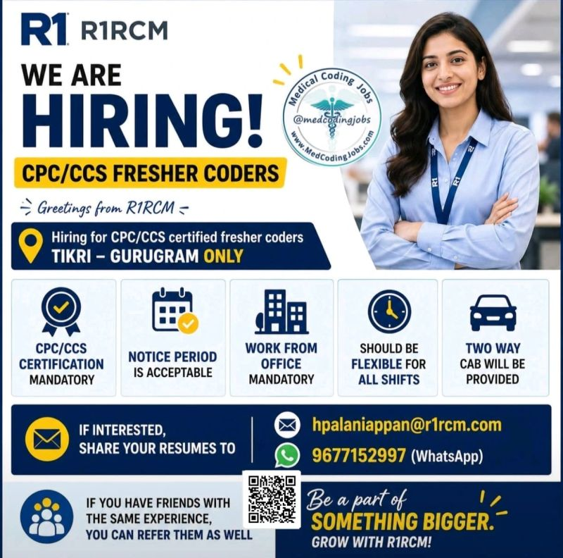 R1 RCM is hiring CPC/CCS certified fresher coders for its Gurugram (Tikri) office. This is an excellent opportunity for certified freshers seeking pharma jobs, healthcare careers, and medical coding roles