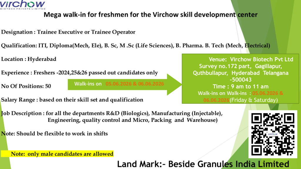 Virchow Biotech Mega Walk-in Drive 2026 – Fresher Trainee Executive & Trainee Operator Jobs in Hyderabad