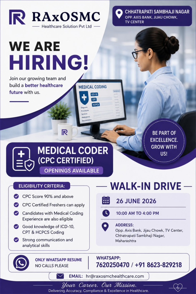 Raxosmc Healthcare Solution Pvt Ltd is conducting a walk-in drive on 26 June 2026 for Medical Coder (CPC Certified) positions.