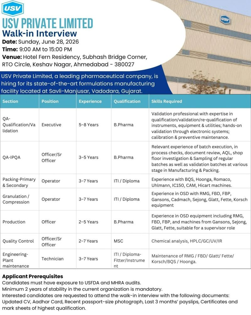 USV Private Limited is conducting a walk-in interview on 28 June 2026 in Ahmedabad for multiple pharma jobs in QA, Production, Packing, Quality Control, and Engineering at its Savli-Manjusar formulations facility in Vadodara.