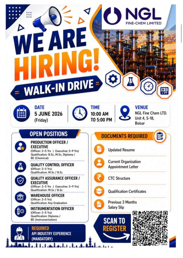 NGL Fine-Chem Limited Walk-in Drive 2026 – Production, QC, QA, Warehouse & Instrumentation Jobs in Boisar