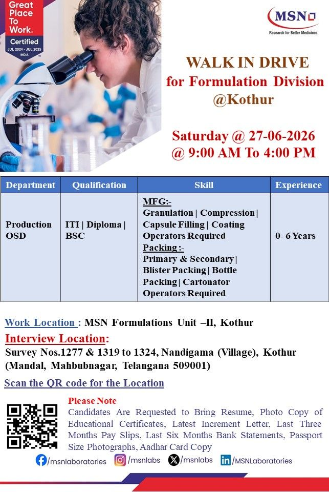MSN Laboratories is conducting a walk-in interview on 27 June 2026 for Production OSD Operators at its Kothur facility.