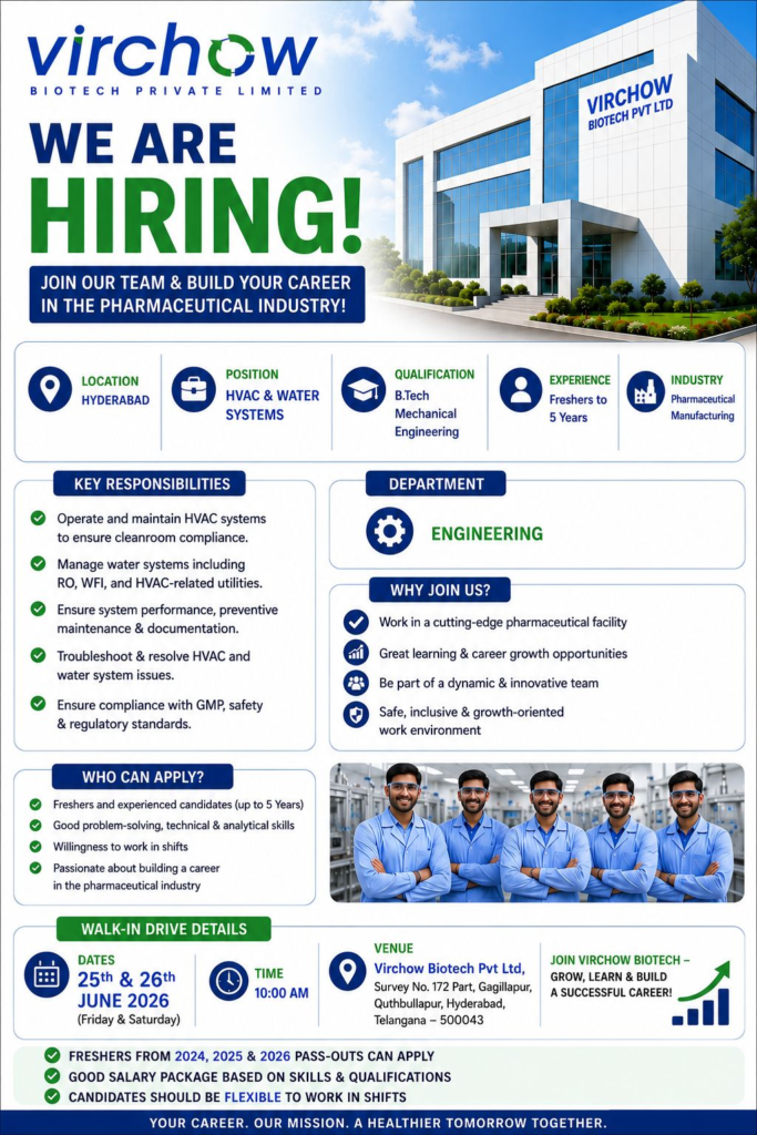 Virchow Biotech Pvt Ltd is hiring for HVAC & Water Systems roles in its Engineering department. 