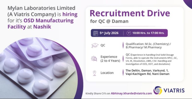 Viatris (Mylan Laboratories Limited) is hiring experienced QC professionals for its OSD Manufacturing Facility at Nashik.