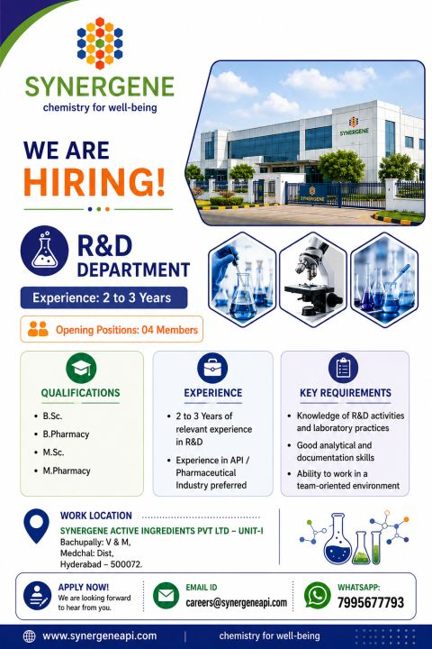 Synergene Active Ingredients Pvt Ltd is hiring for R&D Department positions. This is a great opportunity for B.Sc / B.Pharm / M.Sc / M.Pharm candidates with 2-3 years experience