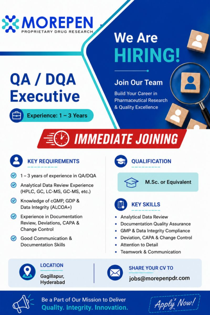 MOREPEN Proprietary Drug Research is hiring a QA/DQA Executive for its Gagillapur facility in Hyderabad. 