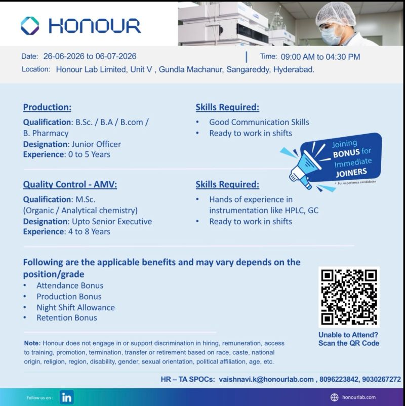 Honour Lab Limited is conducting a walk-in interview on 27 June 2026 for Production OSD Operators at its Kothur facility. 