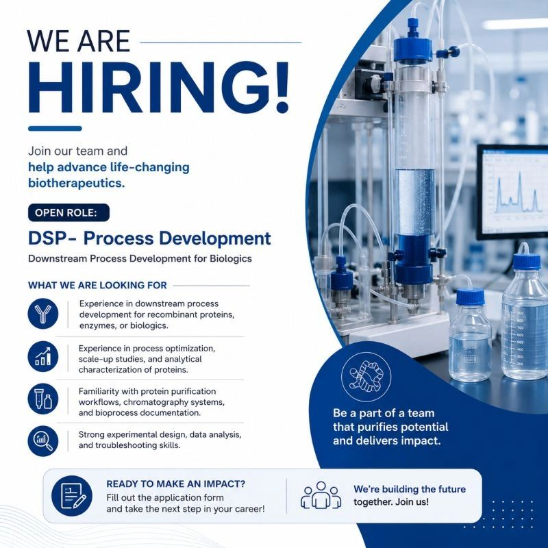 A leading biopharmaceutical company is hiring for DSP - Process Development roles in Downstream Process Development for Biologics. 