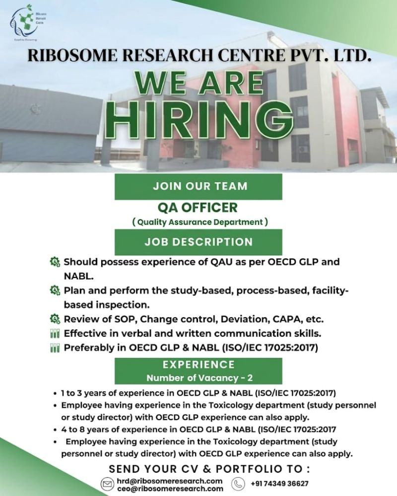Ribosome Research Centre Pvt. Ltd. is hiring QA Officers for its Quality Assurance department. This is a valuable opportunity for professionals with 1-8 years experience in OECD GLP and NABL seeking pharma jobs, QA jobs, and pharmaceutical careers in India. 
