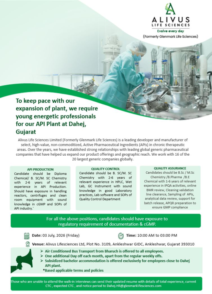 Alivus Life Sciences (Formerly Glenmark Life Sciences) is hiring for API Production, Quality Control, and Quality Assurance positions at its Dahej plant. Walk-in interview on 3rd July 2026. 