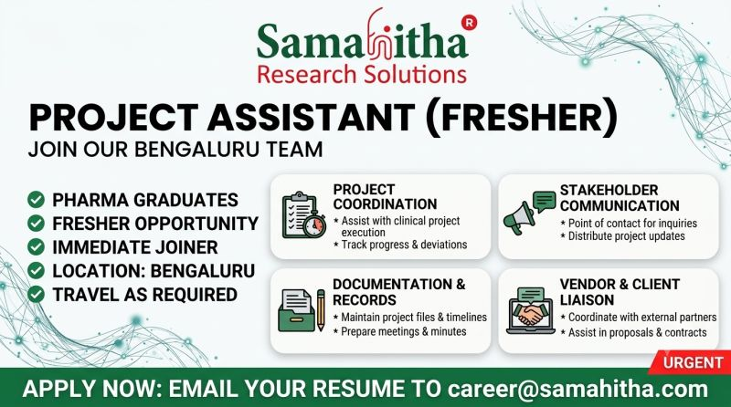 Samahitha Research Solutions is hiring Project Assistants (Freshers) for its Bengaluru team. 